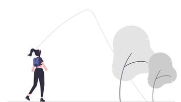 A girl walks through a peaceful garden with an outline of a mountain in the background, creating a harmonious blend of nature, simplicity, and serene beauty in a minimalist illustration style. vector