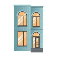 Blue house building with brick walls and yellow windows in 2 floors, flat style vector