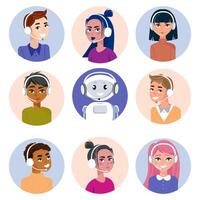 Customer Service Team with Human and AI Assistants icons. Set of diverse customer support representatives wearing headsets, chatbot assistant for call centers, online support,virtual assistance. vector