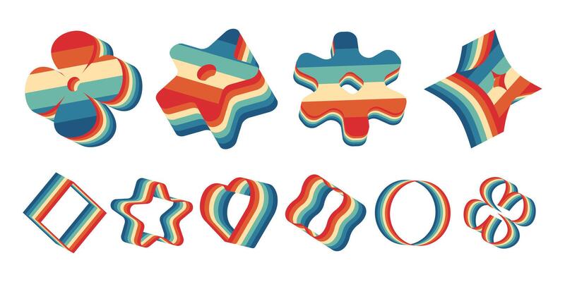 Abstract 3D shapes in retro style. Abstract striped icons with 3D effect are great icons for graphic design, posters, logos, backgrounds, web design and creative projects. illustration set