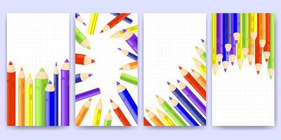 Set of creative templates with colorful pencils arranged around blank grid paper backgrounds for school designs, art projects, stationery, educational materials, creative presentations. vector