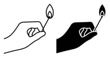 Linear icon. Man hand holds burning match. Careful handling of fire. Simple black and white isolated on white background vector