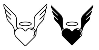 Linear icon. Inspired heart of human in love. Heart symbol with wings and halo. Simple black and white isolated on white background image vector