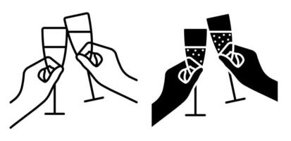 Linear icon. Glasses with festive sparkling champagne in hands. Cheers with glasses at New Year table. Simple black and white isolated on white background image vector