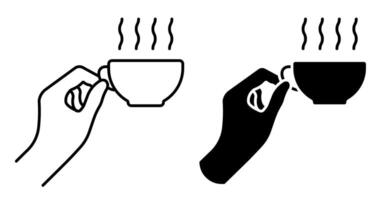 Linear icon. Hand hold Coffee cup with hot drink and steam. Morning invigorating tea for good mood. Simple black and white isolated on white background image vector