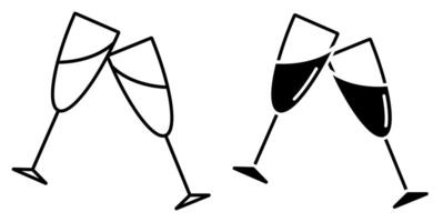 Linear icon. Glasses with festive sparkling champagne. Cheers with glasses at New Year table. Simple black and white isolated on white background image vector