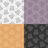 set of seamless patterns with Celebratory tiered cake with burning candles. Dessert for birthday celebration. Ornament for decoration and printing on fabric. Design element. image vector