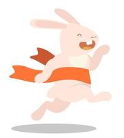 Fast funny rabbit, bunny runs and crosses finish line. Symbol of Easter and 2023 in Chinese calendar. Childrens illustration vector
