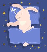 Rabbit, hare, is serenely sound asleep on pillow, covered with blanket and dreams. Easter eve. Festive childrens illustration vector