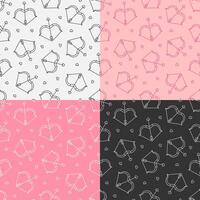 set of seamless patterns with Cupid bow with stretched title and arrow with heart shaped arrowhead. Valentines day. Ornament for decoration and printing on fabric. Design element. image vector