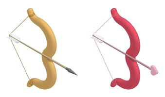 Isometric Cupid bow with stretched title and an arrow with heart shaped arrowhead. Valentines day february 14. Realistic 3D isolated on white background image vector