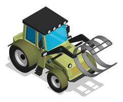 Isometric agricultural tractor with clamping tongs for loading hay into bales. Transport and equipment for agriculture. Realistic cartoon 3d isolated on white background image vector