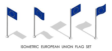 isometric flag of EUROPEAN UNION in static position and in motion on flagpole. 3d image vector