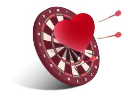 red dart arrows in center of heart target. Struggle for the sympathy and heart of partner. Realistic 3d image vector
