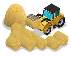Isometric agricultural tractor with clamping tongs loading rolls of straw. Transport and equipment for agriculture. Realistic cartoon 3d isolated on white background image vector