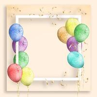 beige birthday greeting frame with expensive gold confetti and multicolored rubber balloons. Tinsel falls from above. Festive template for birthday greetings. Realistic image vector