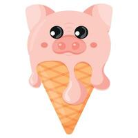 cone with pink ice cream and animal print, namely with a pig's face and a waffle cone, for design, for packaging or advertising vector