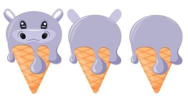 set of cones with ice cream and animal print, namely hippo face and waffle cone, for design, packaging or advertising vector