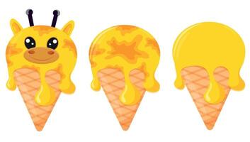 set of cones with orange ice cream and animal print, namely with a giraffe face and a waffle cone, for design, packaging or advertising vector