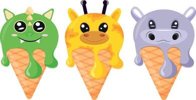 set of cones with ice cream and animal print, namely hippo face, giraffe face and dragon face and waffle cone, for design, packaging or advertising vector