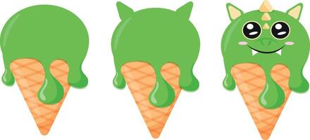 set of cones with green ice cream and animal print, namely dragon face and waffle cone, for design, packaging or advertising vector