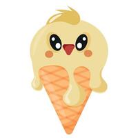cone with yellow ice cream and animal print, namely with a chicken's face and a waffle cone, for design, for packaging or advertising vector