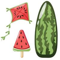 set of summer items with watermelon design, namely ice cream, swimming circle and surfboard, for poster, banner or packaging vector