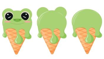 set of cones with green ice cream and animal print, namely frog face and waffle cone, for design, packaging or advertising vector