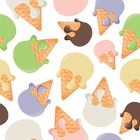 seamless pattern of colorful ice cream balls in waffle cones of different sizes, for posters, banners or packaging vector