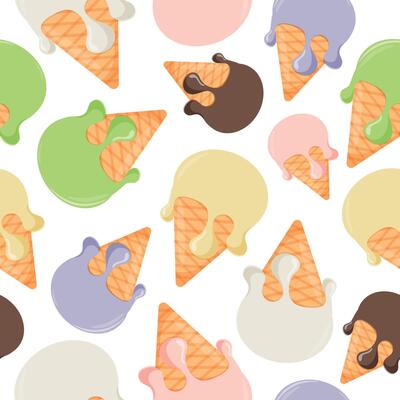 seamless pattern of colorful ice cream balls in waffle cones of different sizes, for posters, banners or packaging