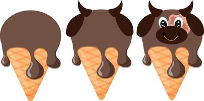 set of cones with brown ice cream and animal print, namely bull face and waffle cone, for design, packaging or advertising vector