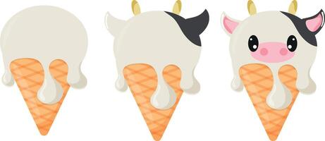 set of cones with white ice cream and animal print, namely cow face and waffle cone, for design, packaging or advertising vector