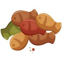 pellets of dry, cat food in the shape of a fish, which means that it is a food with the taste of fish, for a variety of designs, polyraffia or packaging vector