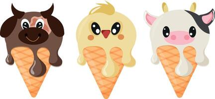 set of cones with ice cream and animal print, namely cow face, bull face, chicken fsce and waffle cone, for design, packaging or advertising vector