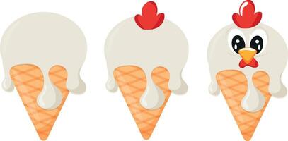 set of cones with white ice cream and animal print, namely rooster face and waffle cone, for design, packaging or advertising vector