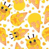 seamless pattern with orange ice cream cones and animal print, namely giraffe face and waffle cone, for design, packaging or advertising vector