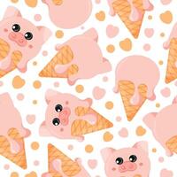 seamless pattern with cones with pink ice cream and animal print, namely pig face and waffle cone, for design, packaging or advertising vector