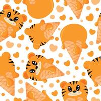 seamless pattern with cones with orange ice cream and animal print, namely tiger face and waffle cone, for design, packaging or advertising vector