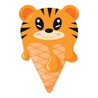 cone with orange ice cream and animal print, namely with a tiger's face and a waffle cone, for design, for packaging or advertising vector