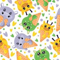 seamless pattern with various layers of ice cream with hippo, dragon and giraffe faces in a waffle cone, for packaging, advertising or design vector
