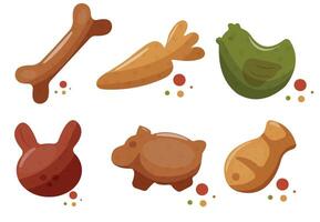 set of cat pellets, dry food in various forms, namely in the form of chicken, fish, pork, carrot and rabbit, for various designs, packaging or printing vector