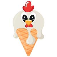 cone with white ice cream and animal print, namely with a rooster's face and a waffle cone, for design, for packaging or advertising vector
