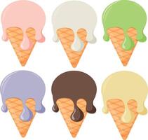 set of colorful ice cream in balls and in a waffle cone with different flavors, for posters, banners or designs vector