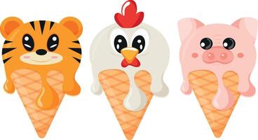 set of cones with ice cream and animal print, namely tiger face, rooster face, pig face and waffle cone, for design, packaging or advertising vector