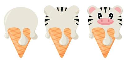 set of cones with white ice cream and animal print, namely zebra face and waffle cone, for design, packaging or advertising vector