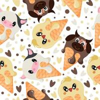 seamless pattern with various layers of ice cream with cow, bull and chicken faces in a waffle cone, for packaging, advertising or design vector