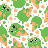 seamless pattern with cones with green ice cream and animal print, namely dragon face and waffle cone, for design, packaging or advertising vector