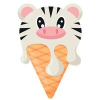 cone with white ice cream and animal print, namely with a zebra's face and a waffle cone, for design, for packaging or advertising vector