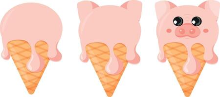 set of cones with pink ice cream and animal print, namely pig face and waffle cone, for design, packaging or advertising vector