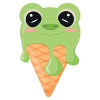 cone with green ice cream and animal print, namely with a frog's face and a waffle cone, for design, for packaging or advertising vector